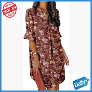 V-Neck Ruffle Short Sleeve Shift Dress, Loose Fit, Lightweight Polyester